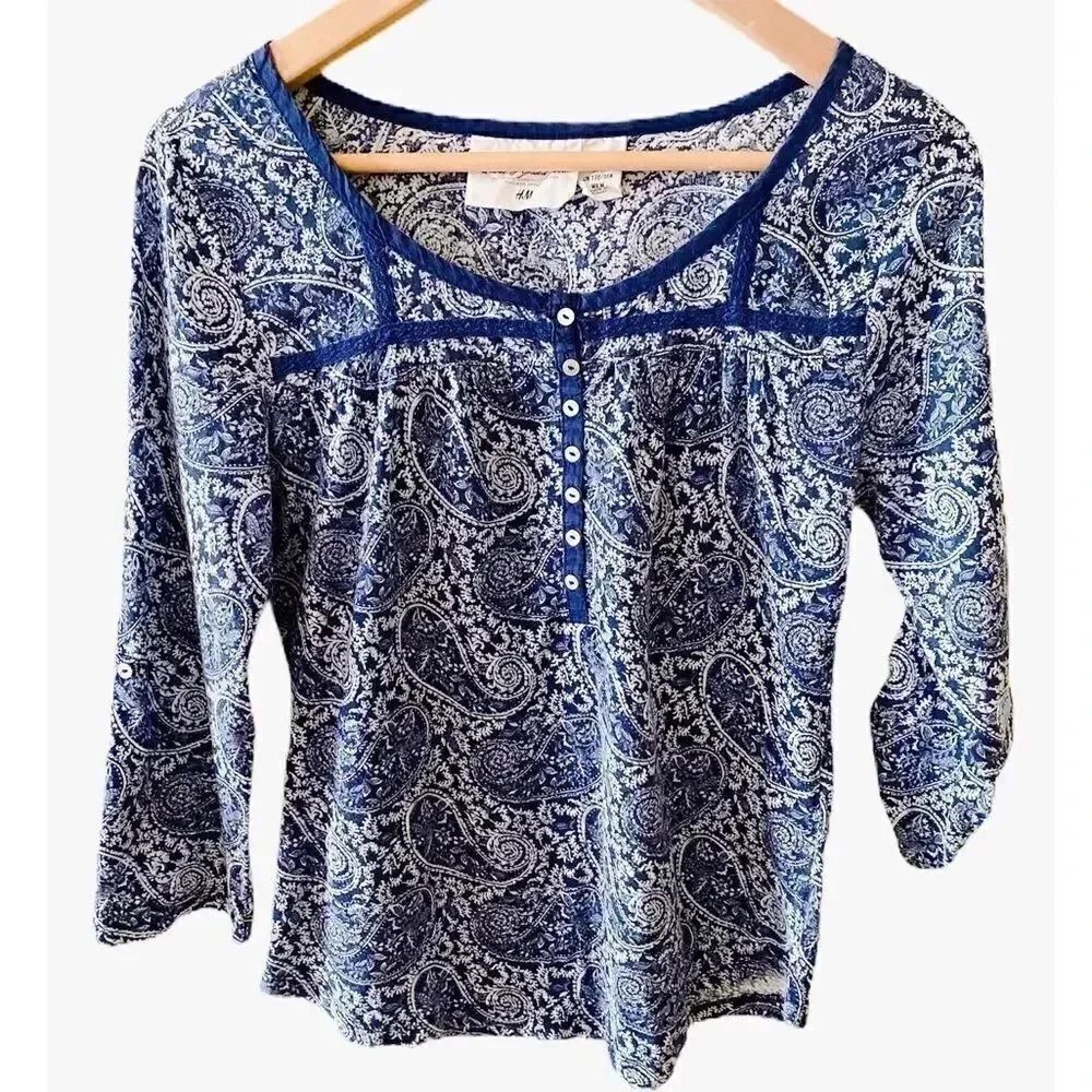 H& M Logg Roll-Up Long Sleeves Navy white Paisley Buttons  Top M #1411